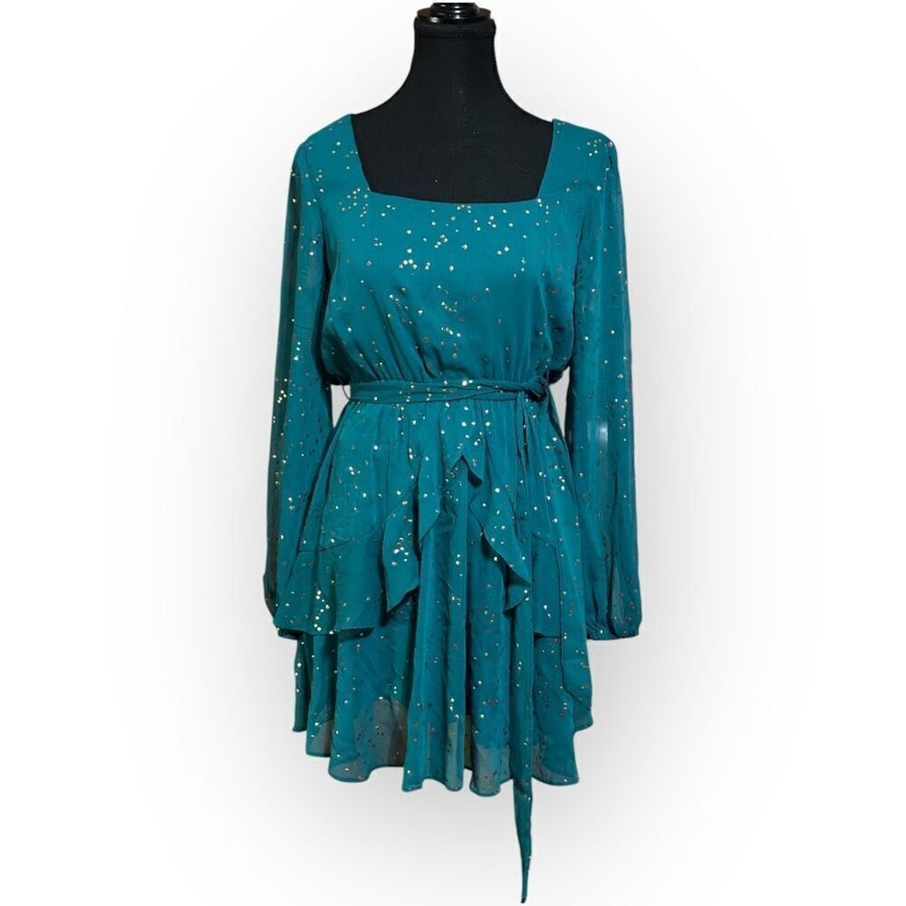 NWOT City Triangles Womens Ruffle Gold Dot Tie Waist Mini Dress Green Size Small